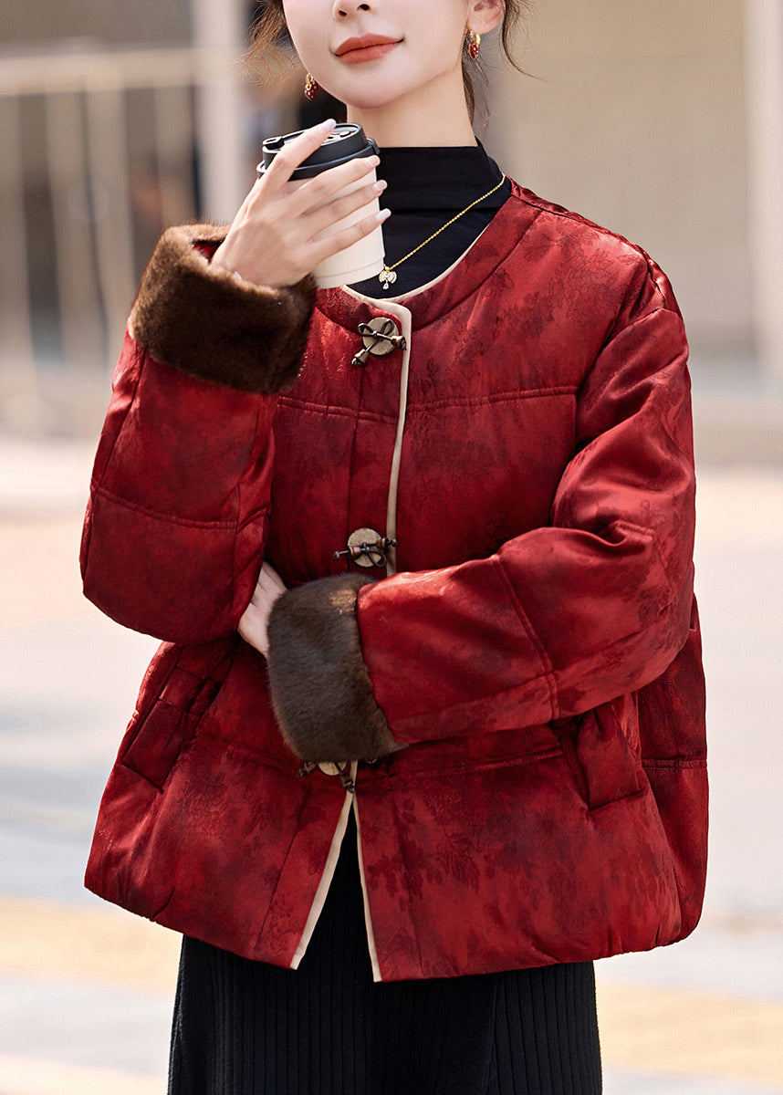 Retro-Winterjacke aus gelber Natur mit Rundhalsausschnitt, Taschen und Patchwork-Design, Daunenfüllung