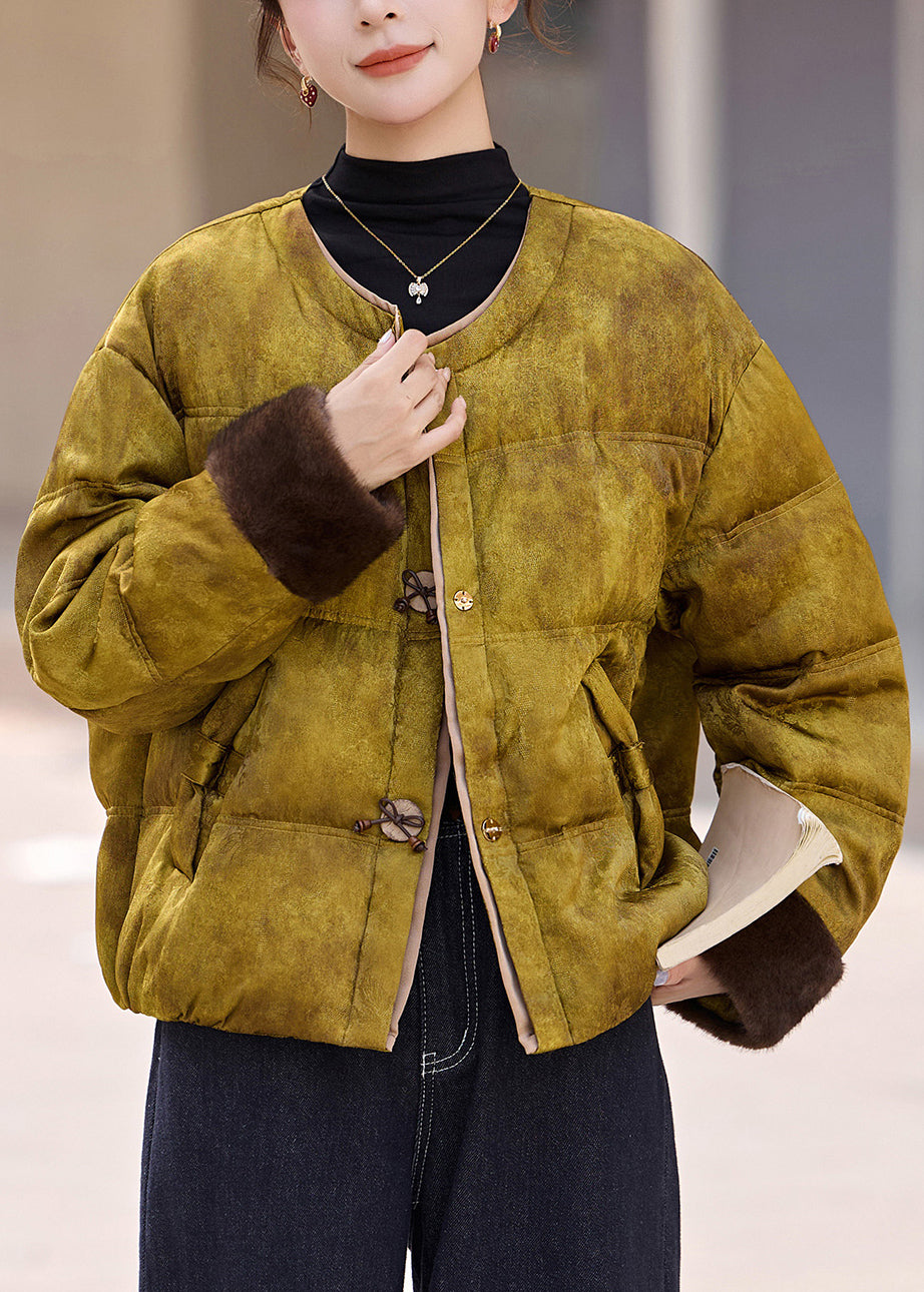 Retro-Winterjacke aus gelber Natur mit Rundhalsausschnitt, Taschen und Patchwork-Design, Daunenfüllung