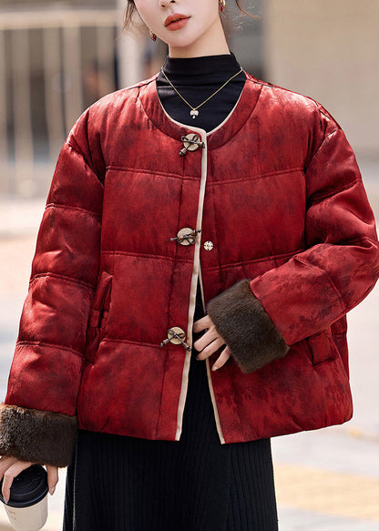 Retro-Winterjacke aus gelber Natur mit Rundhalsausschnitt, Taschen und Patchwork-Design, Daunenfüllung