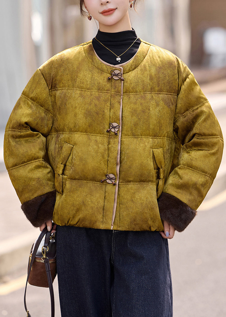 Retro-Winterjacke aus gelber Natur mit Rundhalsausschnitt, Taschen und Patchwork-Design, Daunenfüllung