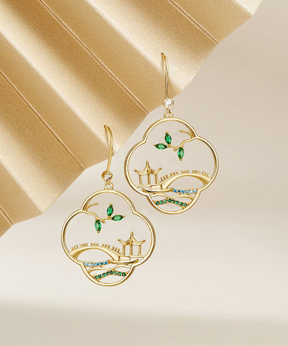 Pendientes de aro retro de plata de ley amarilla con circonitas doradas