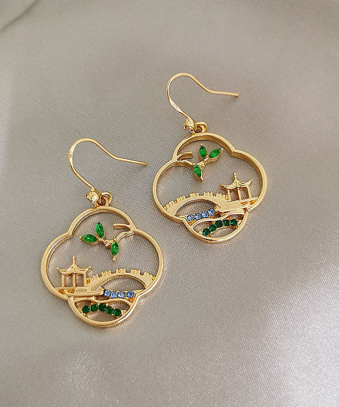 Pendientes de aro retro de plata de ley amarilla con circonitas doradas