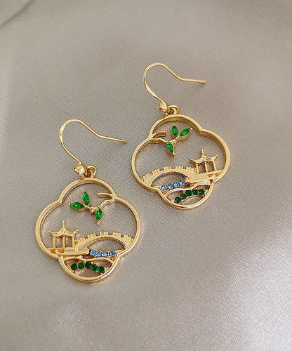 Pendientes de aro retro de plata de ley amarilla con circonitas doradas