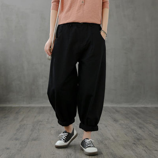 Retro casual brown pants women loose new cropped trousers - SooLinen