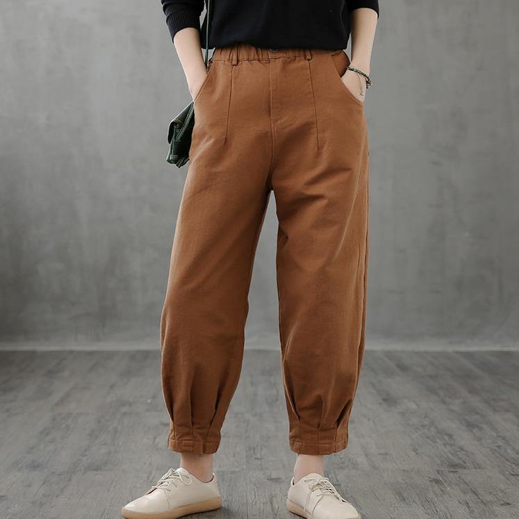Retro casual brown pants women loose new cropped trousers - SooLinen