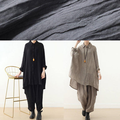 Retro gray long-sleeved shirt loose plus size lapel top 20212021 new women's clothing - SooLinen