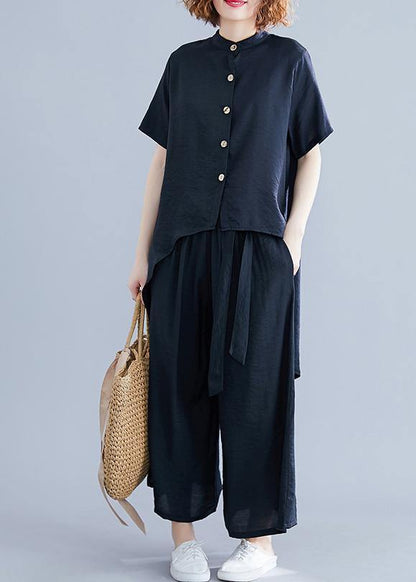 Retro suit silk hemp irregular short-sleeved shirt + elastic waist strap wide leg pants black was thin - SooLinen