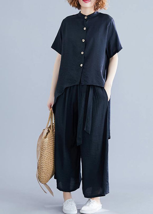 Retro suit silk hemp irregular short-sleeved shirt + elastic waist strap wide leg pants black was thin - SooLinen