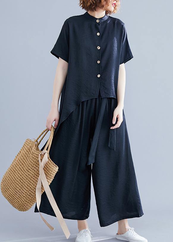 Retro suit silk hemp irregular short-sleeved shirt + elastic waist strap wide leg pants black was thin - SooLinen