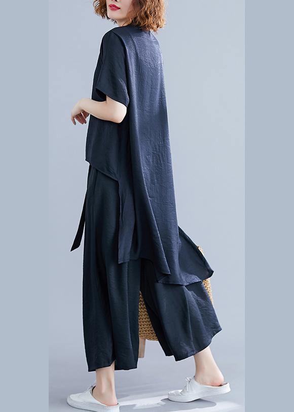 Retro suit silk hemp irregular short-sleeved shirt + elastic waist strap wide leg pants black was thin - SooLinen
