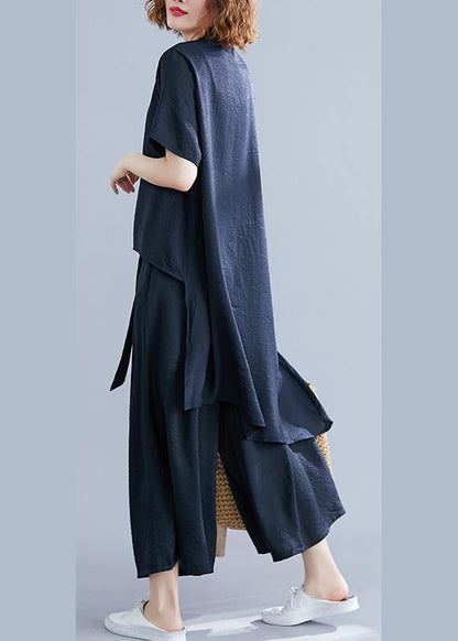 Retro suit silk hemp irregular short-sleeved shirt + elastic waist strap wide leg pants black was thin - SooLinen