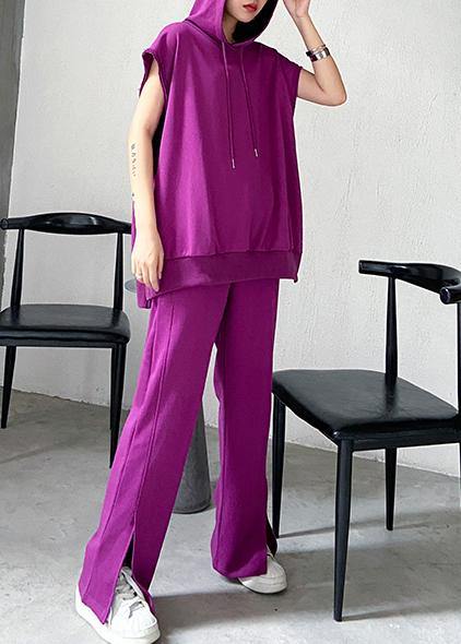 Retro women's sweater and trousers rose purple fashion two piece set - SooLinen