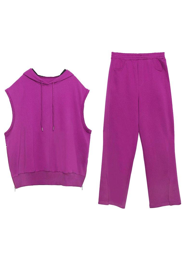Retro women's sweater and trousers rose purple fashion two piece set - SooLinen