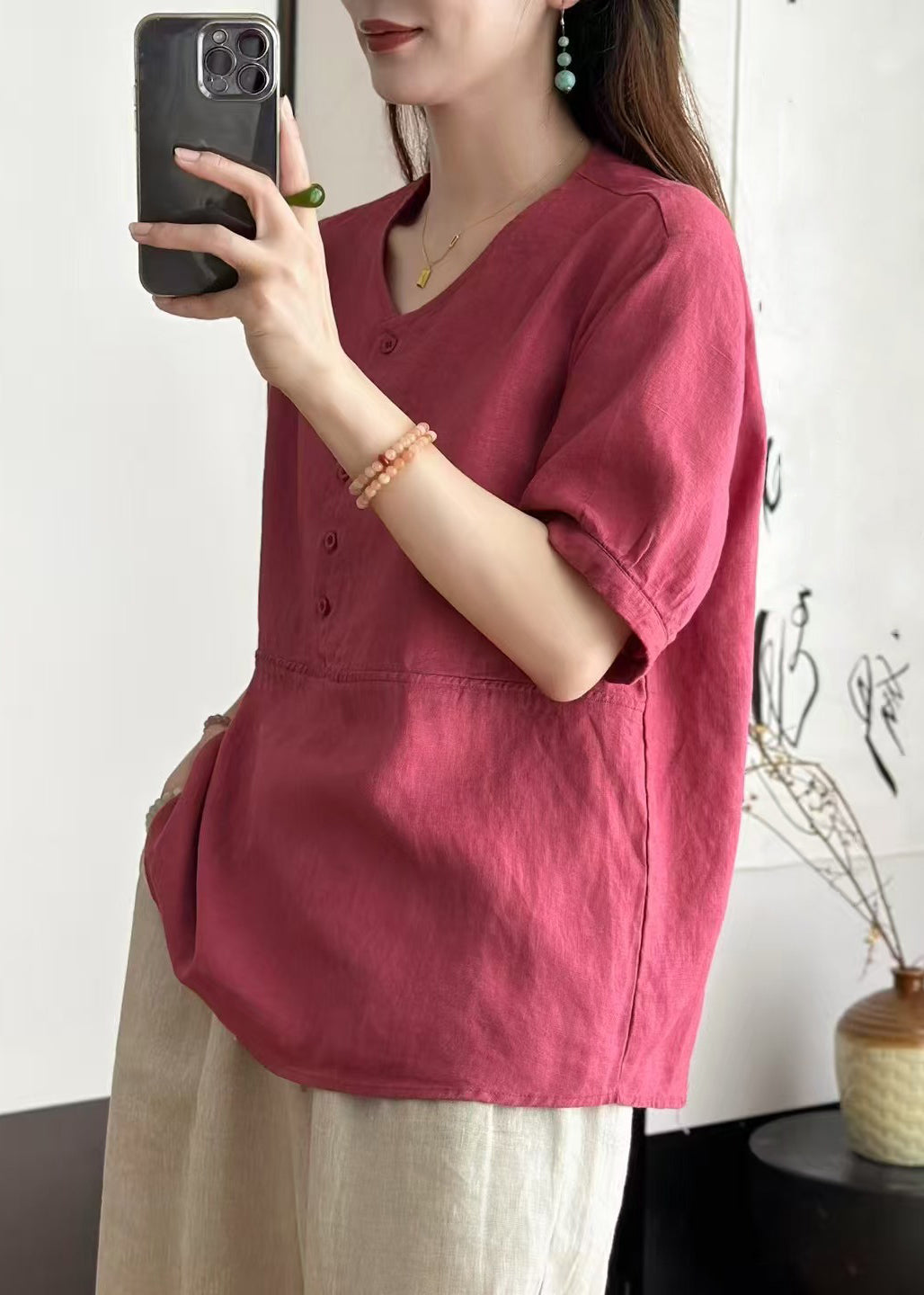 Rose Button Patchwork Loose Linen Summer Shirts V Neck