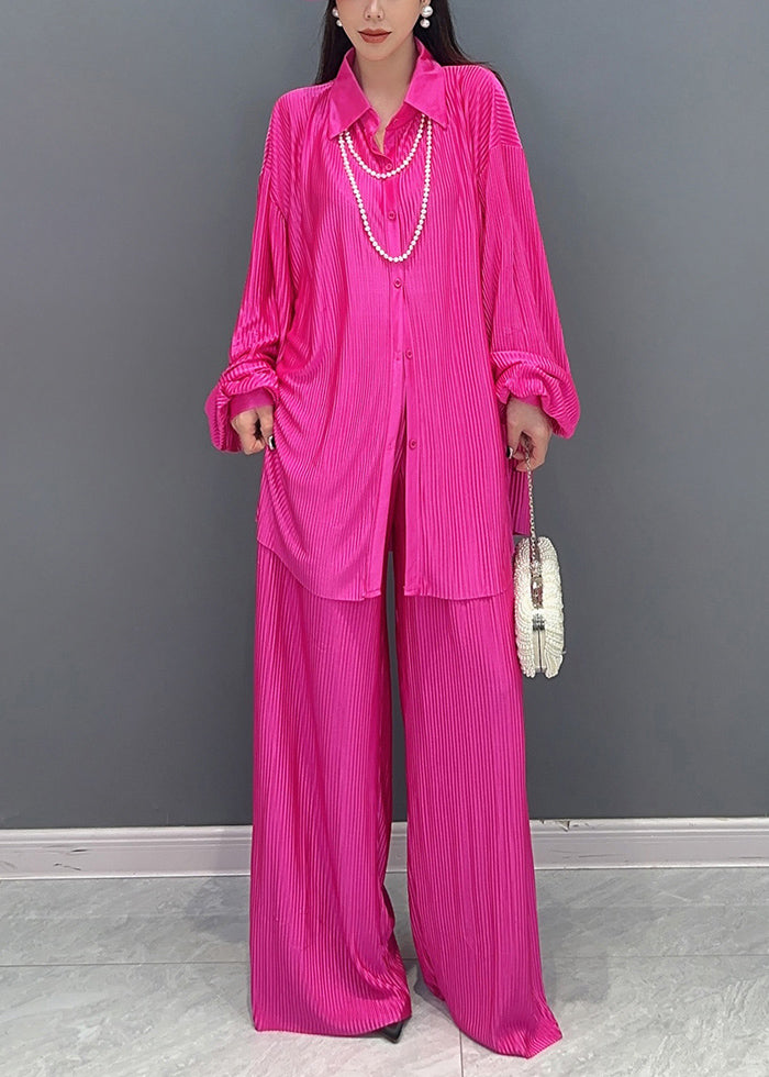 Rose Button Shirts And Wide Leg Pants Two Pieces Set Fall