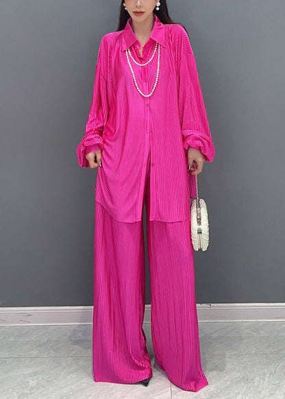 Rose Button Shirts And Wide Leg Pants Two Pieces Set Fall