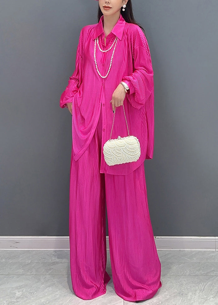 Rose Button Shirts And Wide Leg Pants Two Pieces Set Fall