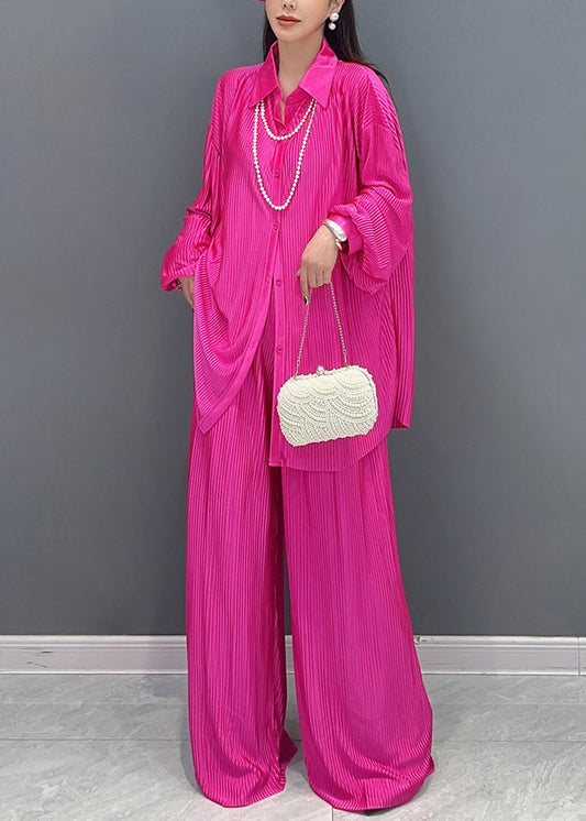 Rose Button Shirts And Wide Leg Pants Two Pieces Set Fall