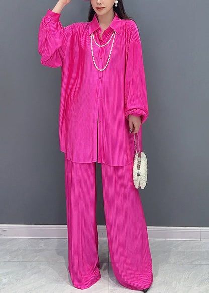 Rose Button Shirts And Wide Leg Pants Two Pieces Set Fall