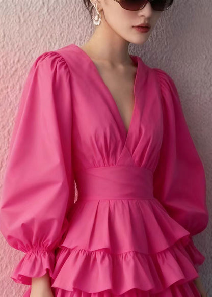 Minikleid aus rosafarbener Baumwolle mit Puffärmeln und tiefem V-Ausschnitt