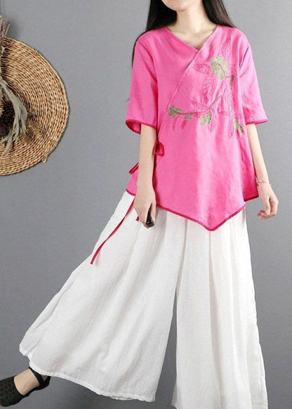 Rose Baumwollhemd Top V-Ausschnitt Bestickt Halbarm