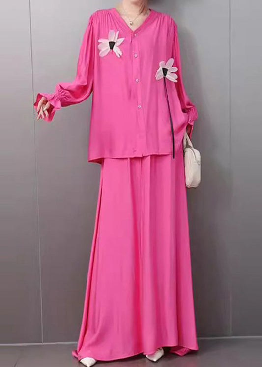 Rose Floral Button Shirts And Maxi Skirts Two Piece Set Flare Sleeve