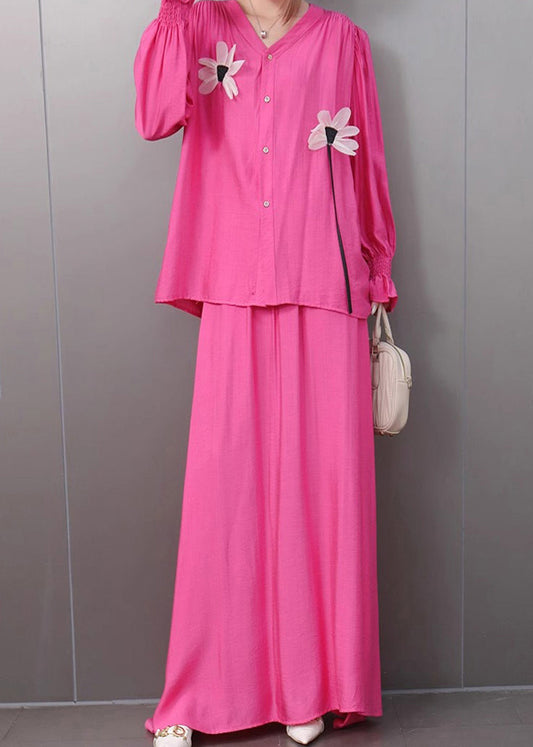 Rose Floral Button Shirts And Maxi Skirts Two Piece Set Flare Sleeve