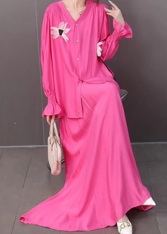 Rose Floral Button Shirts And Maxi Skirts Two Piece Set Flare Sleeve
