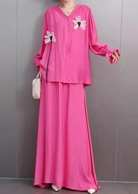 Rose Floral Button Shirts And Maxi Skirts Two Piece Set Flare Sleeve