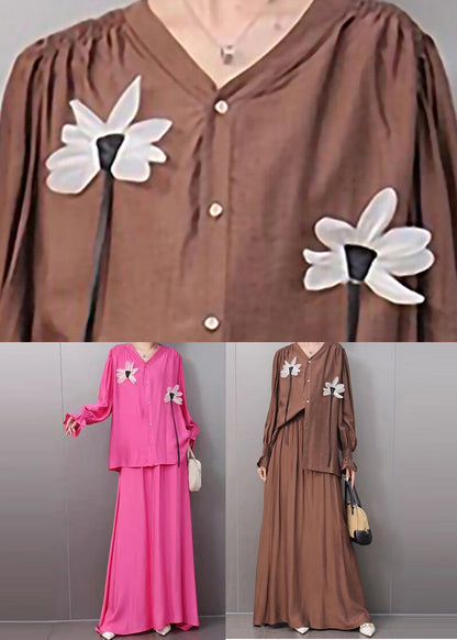 Rose Floral Button Shirts And Maxi Skirts Two Piece Set Flare Sleeve