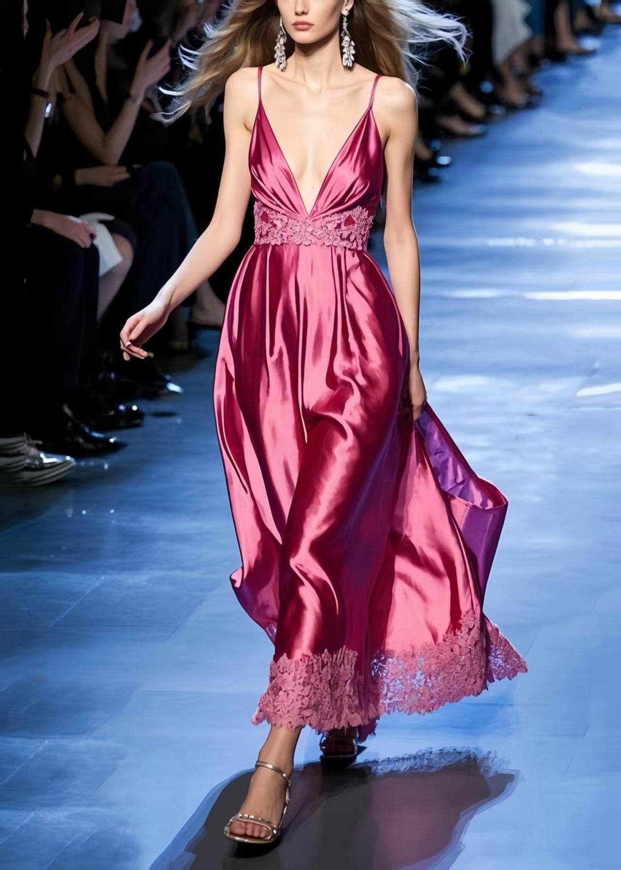 Rose Patchwork Lace Ice Silk Summer Dress Exra Large Hem