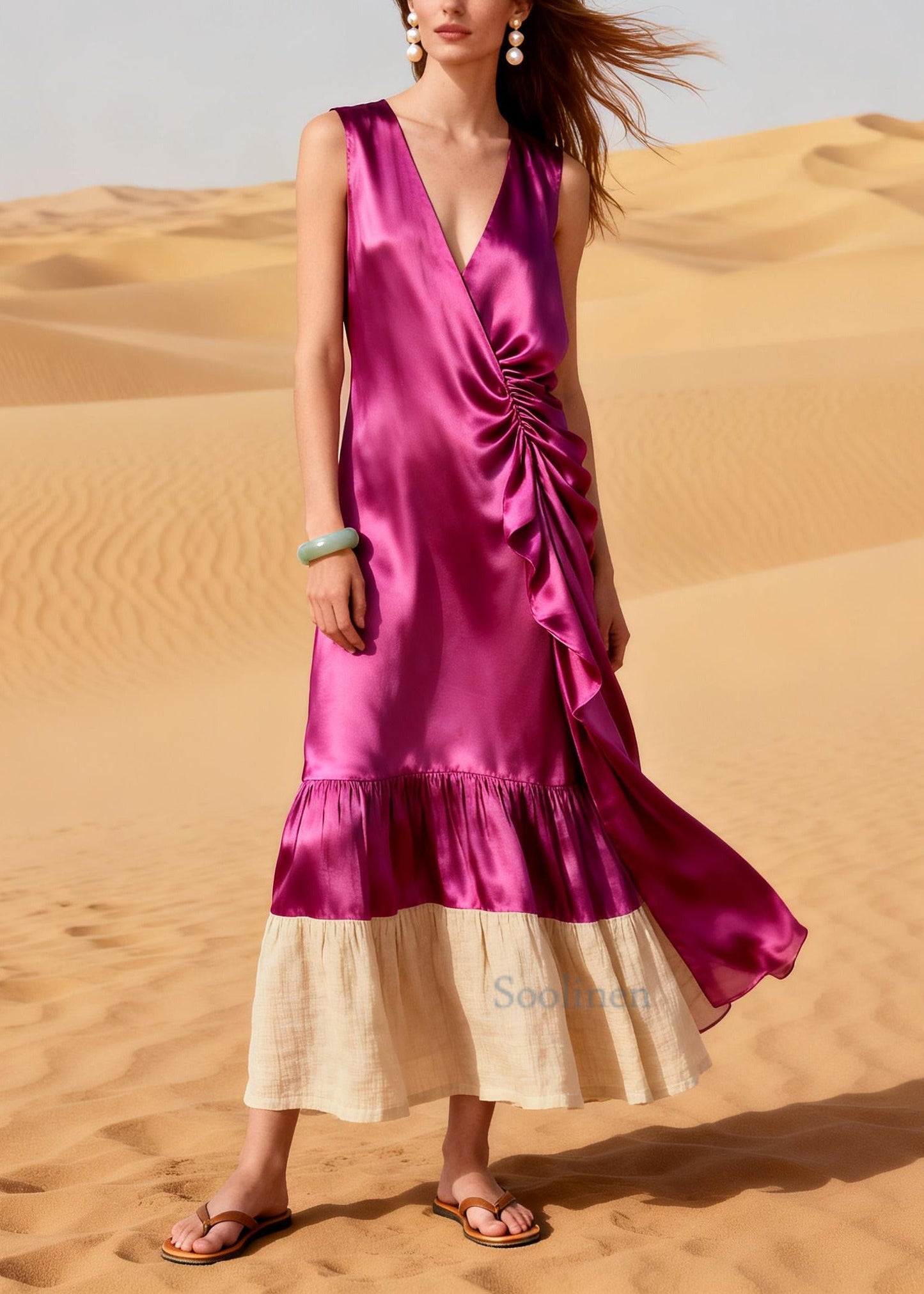 Rose Patchwork Silk Maxi Dress Asymmetrical Wrinkled Summer