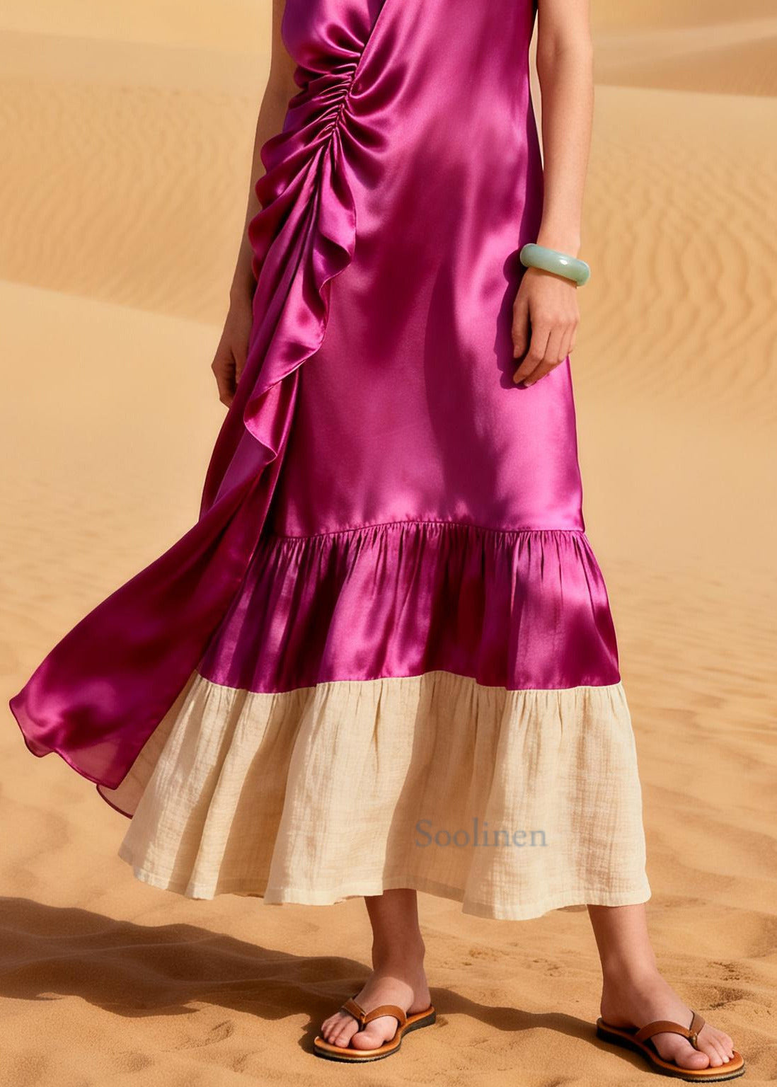 Rose Patchwork Silk Maxi Dress Asymmetrical Wrinkled Summer