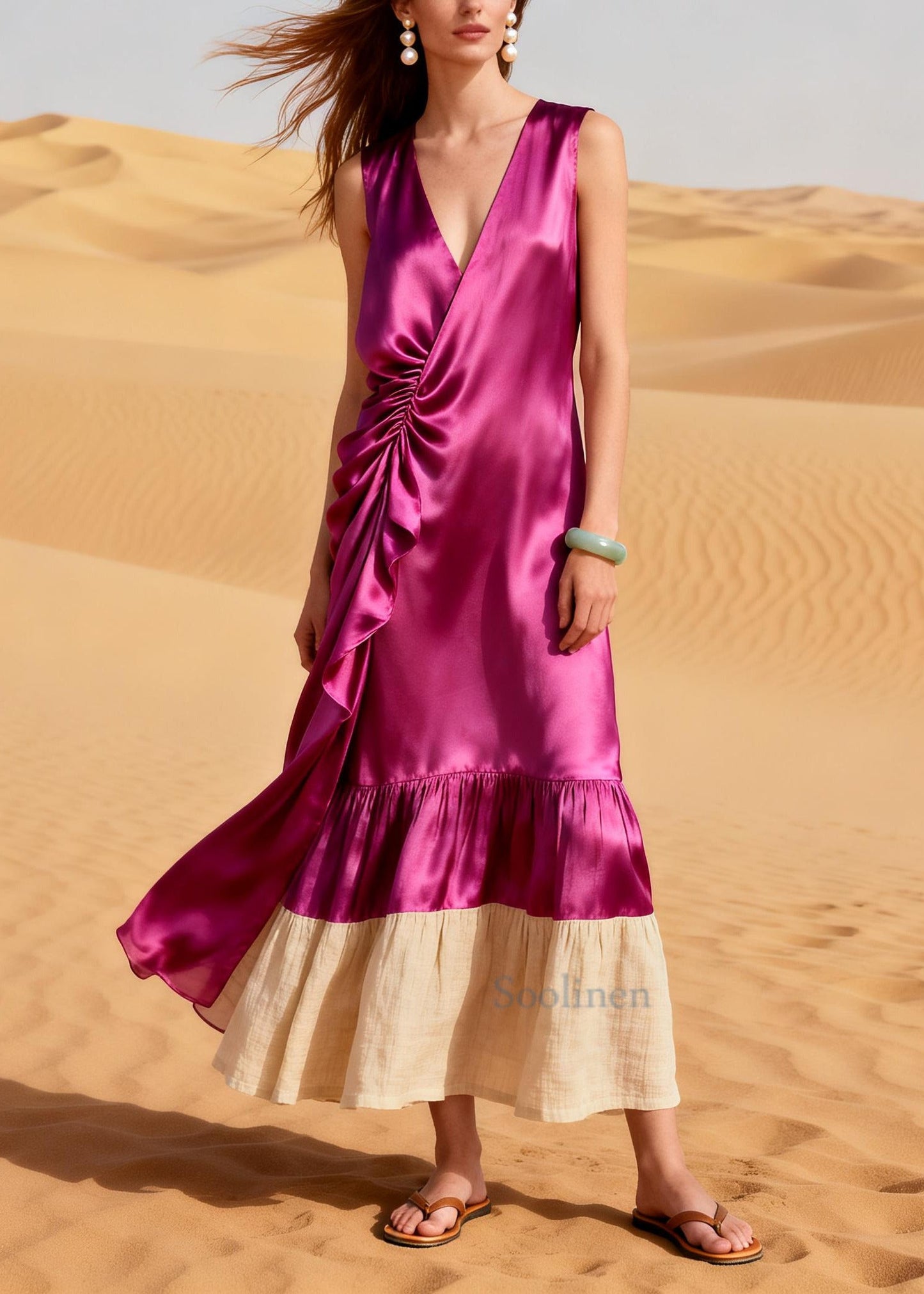 Rose Patchwork Silk Maxi Dress Asymmetrical Wrinkled Summer
