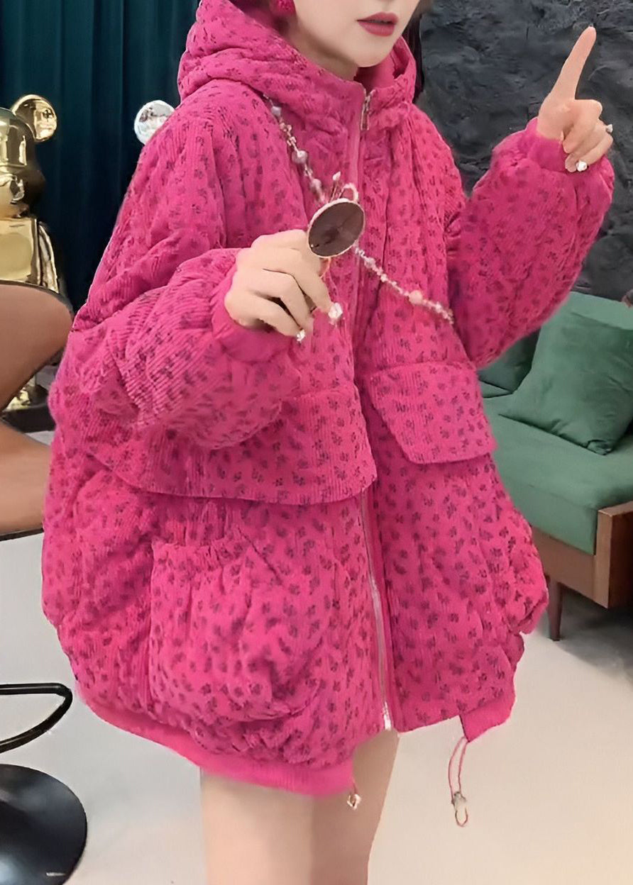 Parka de invierno con capucha, relleno de algodón y bolsillos de rosas y cordón ajustable