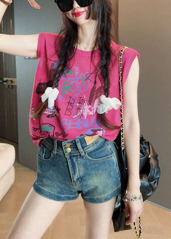 Camiseta de tirantes de algodón acogedora con estampado de rosas y cuello redondo para verano