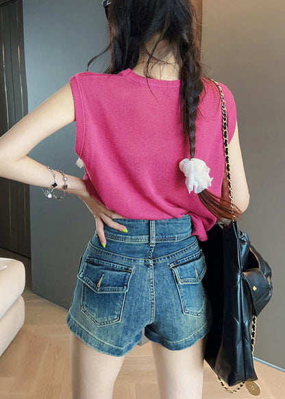 Camiseta de tirantes de algodón acogedora con estampado de rosas y cuello redondo para verano