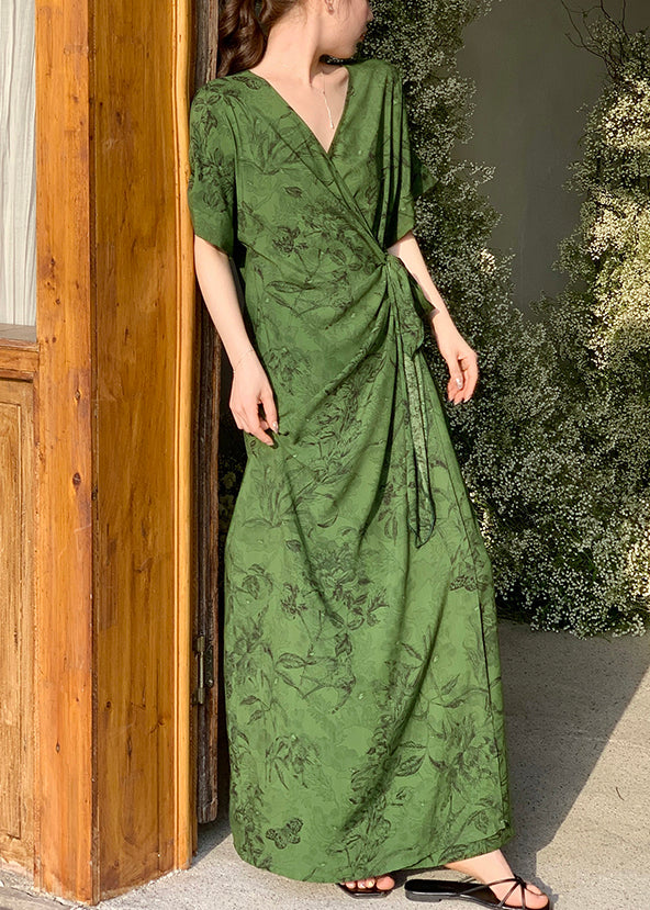 Rose Print Tie Waist Cotton Summer Long Dress V Neck