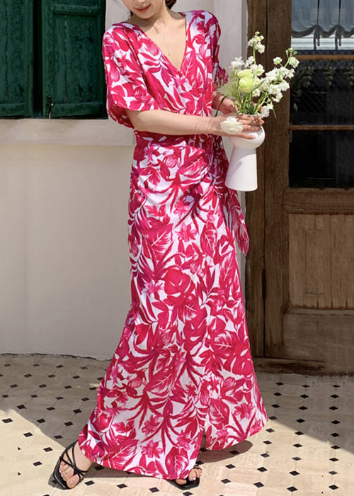 Rose Print Tie Waist Cotton Summer Long Dress V Neck