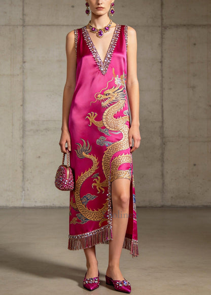 Rose Sequins Silk Holiday Dress Tasseled Asymmetrical Design Summer