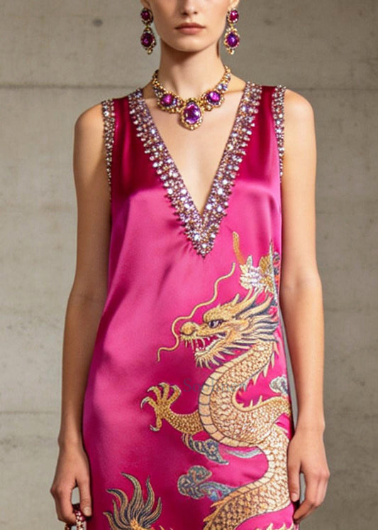 Rose Sequins Silk Holiday Dress Tasseled Asymmetrical Design Summer