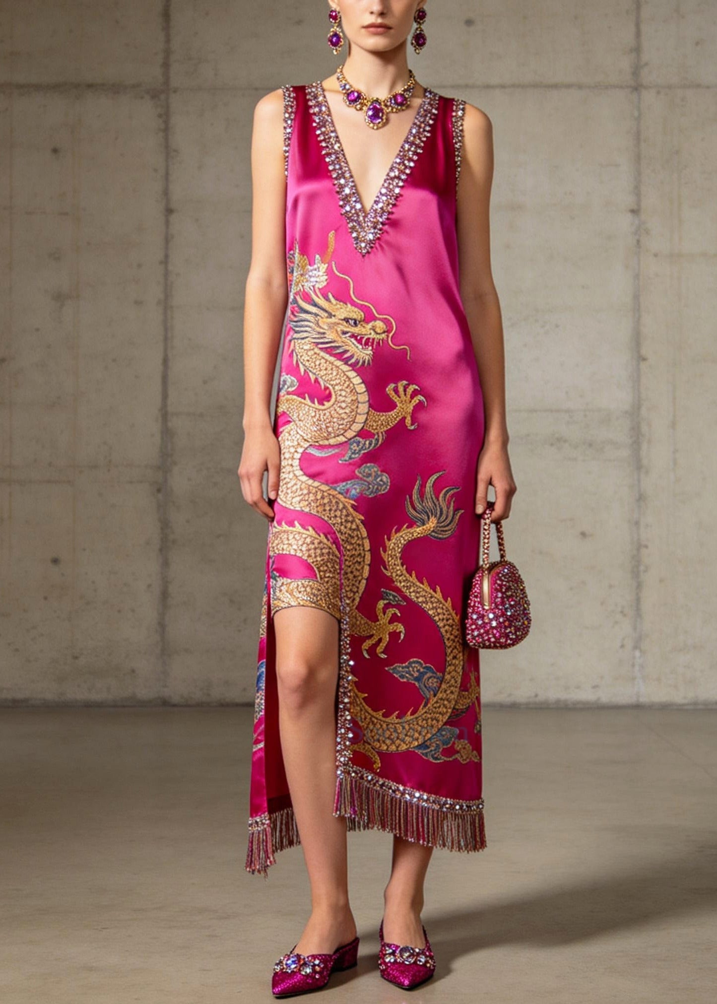 Rose Sequins Silk Holiday Dress Tasseled Asymmetrical Design Summer