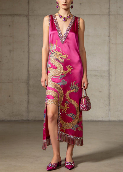 Rose Sequins Silk Holiday Dress Tasseled Asymmetrical Design Summer