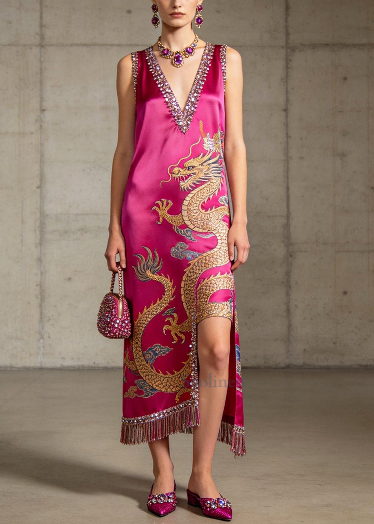 Rose Sequins Silk Holiday Dress Tasseled Asymmetrical Design Summer