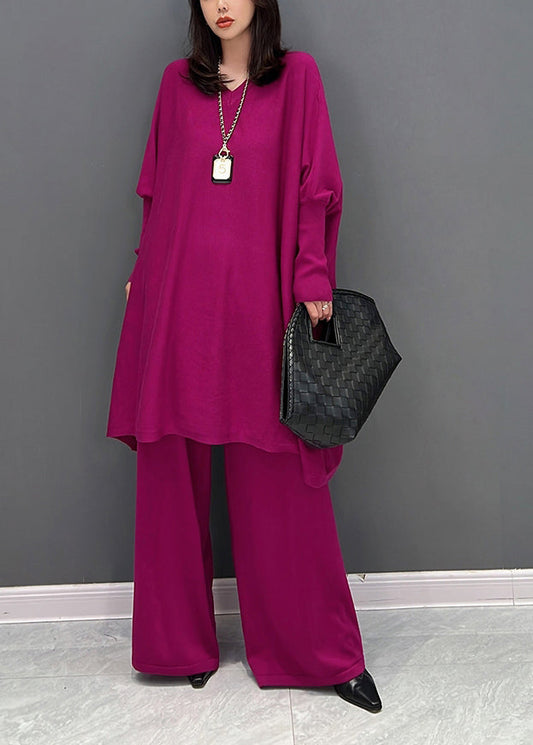 Rose V-Ausschnitt Strickoberteil und Hose mit weitem Bein, zweiteiliges Set für den Herbst