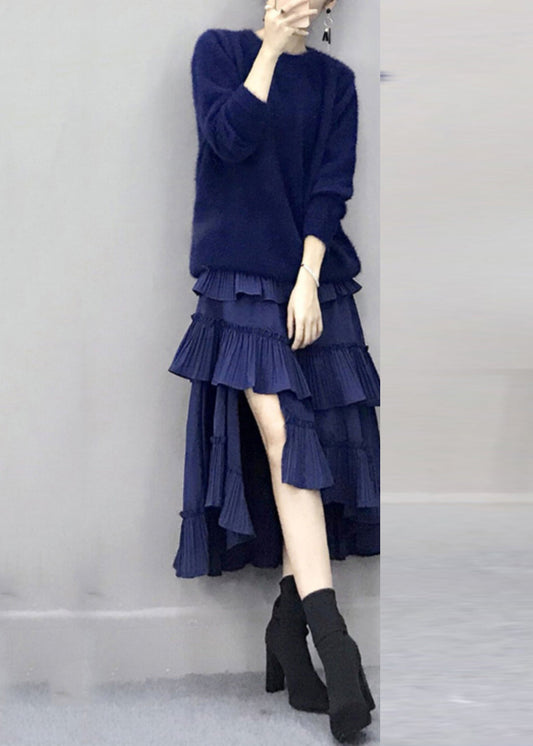 Conjunto de dos piezas de jersey de punto de algodón azul rey y vestido largo con mangas farol