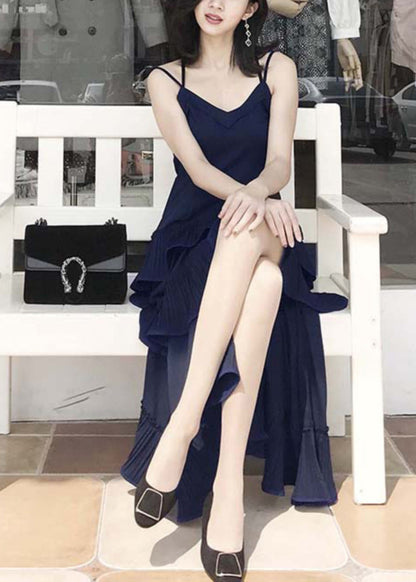 Zweiteiliges Set aus königsblauem Baumwollstrickpullover und langem Kleid mit Laternenärmeln