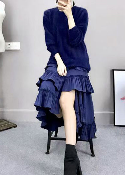 Zweiteiliges Set aus königsblauem Baumwollstrickpullover und langem Kleid mit Laternenärmeln