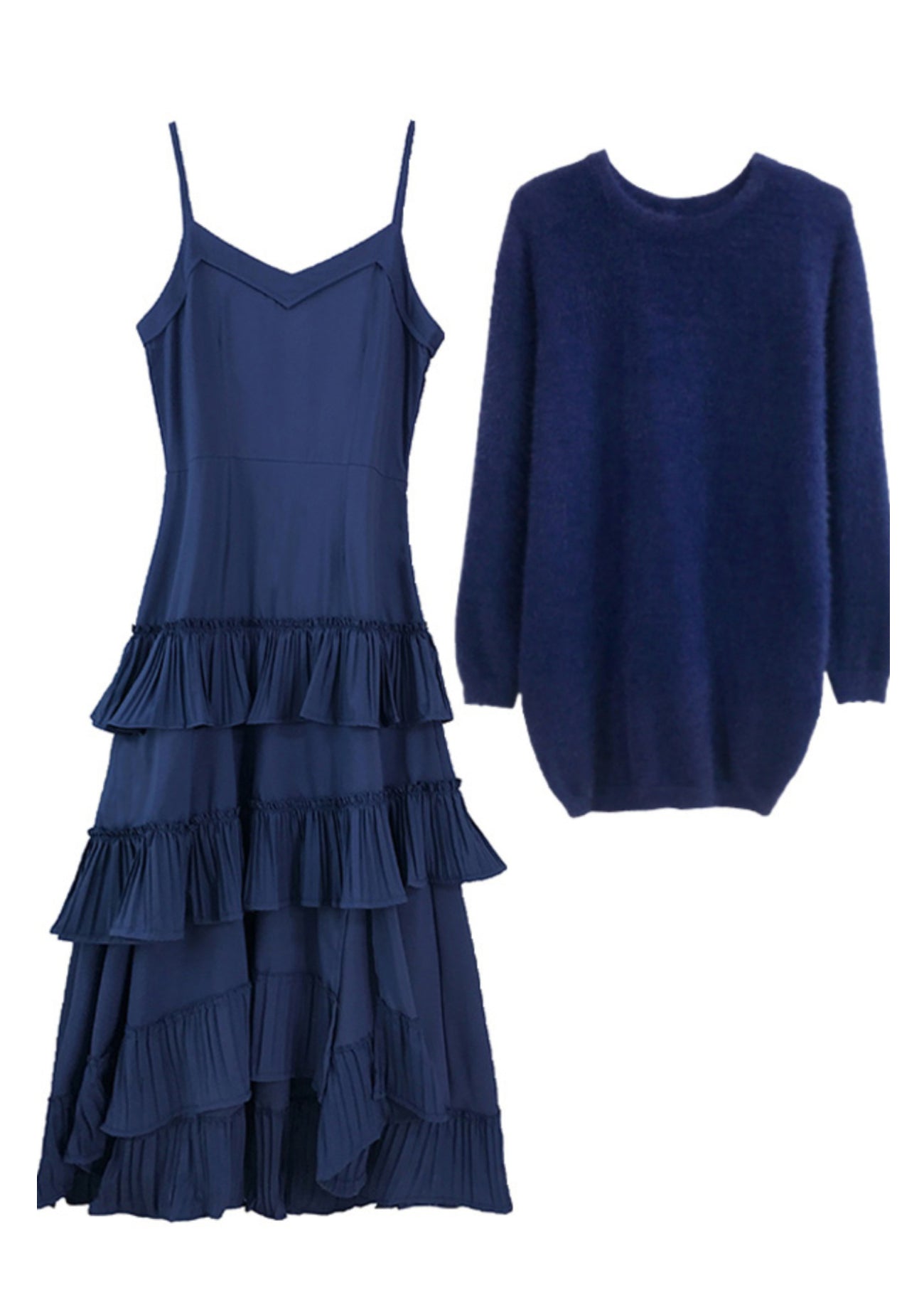 Zweiteiliges Set aus königsblauem Baumwollstrickpullover und langem Kleid mit Laternenärmeln