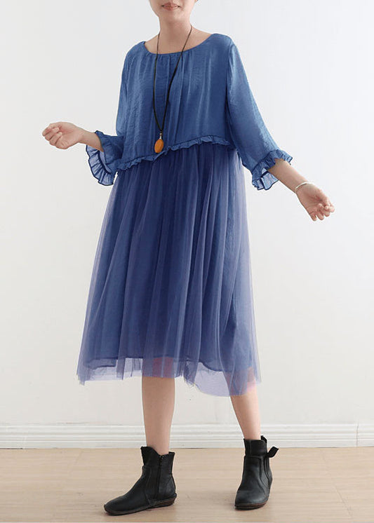2024 Royal Blue Tüll Maxi kleider Sommerkleid Halbe Ärmel
